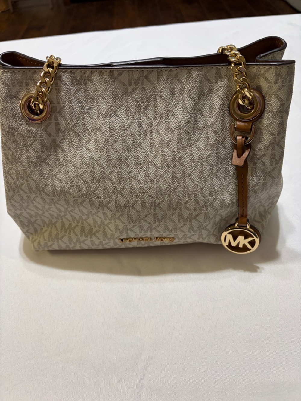Michael Kors Tan and Gold MK Logo Chain-Handle Tote